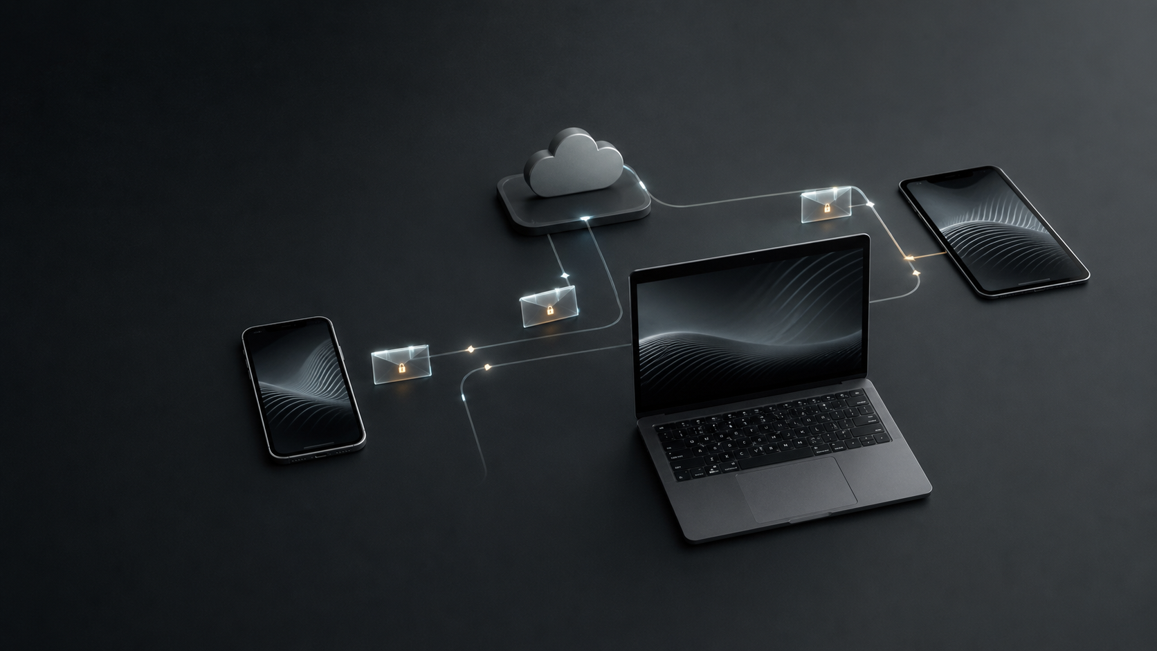 Phone, tablet, and worker laptop exchanging encrypted envelopes through Belt